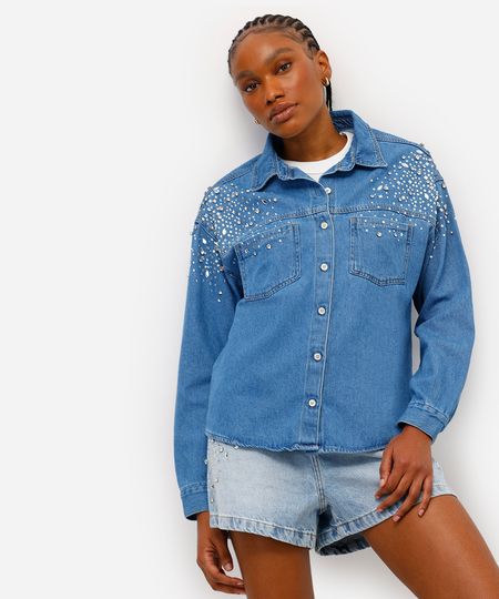 camisa jeans feminina com brilhos manga longa azul PP