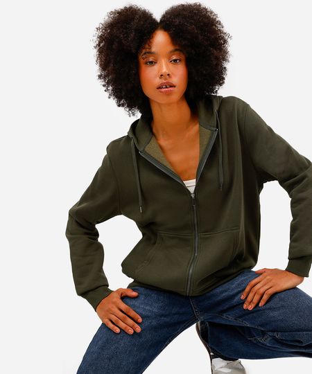 blusão básico feminino de moletom com capuz verde GG