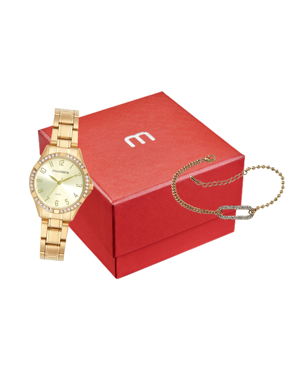 kit relógio feminino mondaine 32772lpmvde1kc analógico dourado