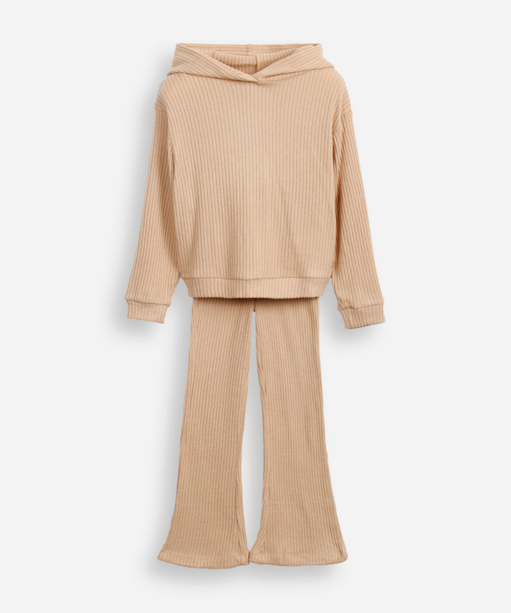 conjunto infantil longo de viscose canelado com capuz marrom