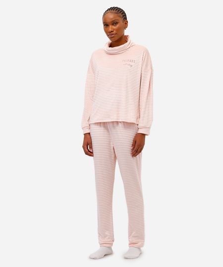 pijama de fleece longo texturizado e bordado rosa P
