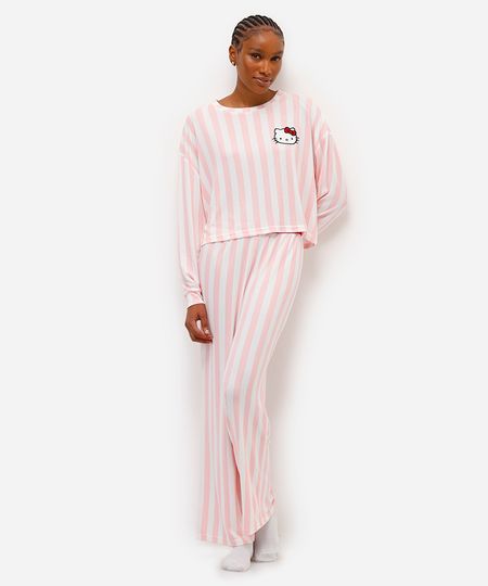 pijama longo feminino hello kitty listrado rosa PP