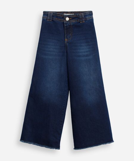 calça wide leg infantil jeans barra desfiada azul 4