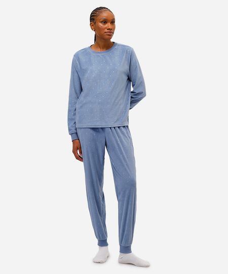 pijama longo feminino de plush estrelas azul GG