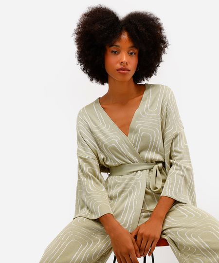 kimono feminino de tricot geométrico vivi olimo verde PP