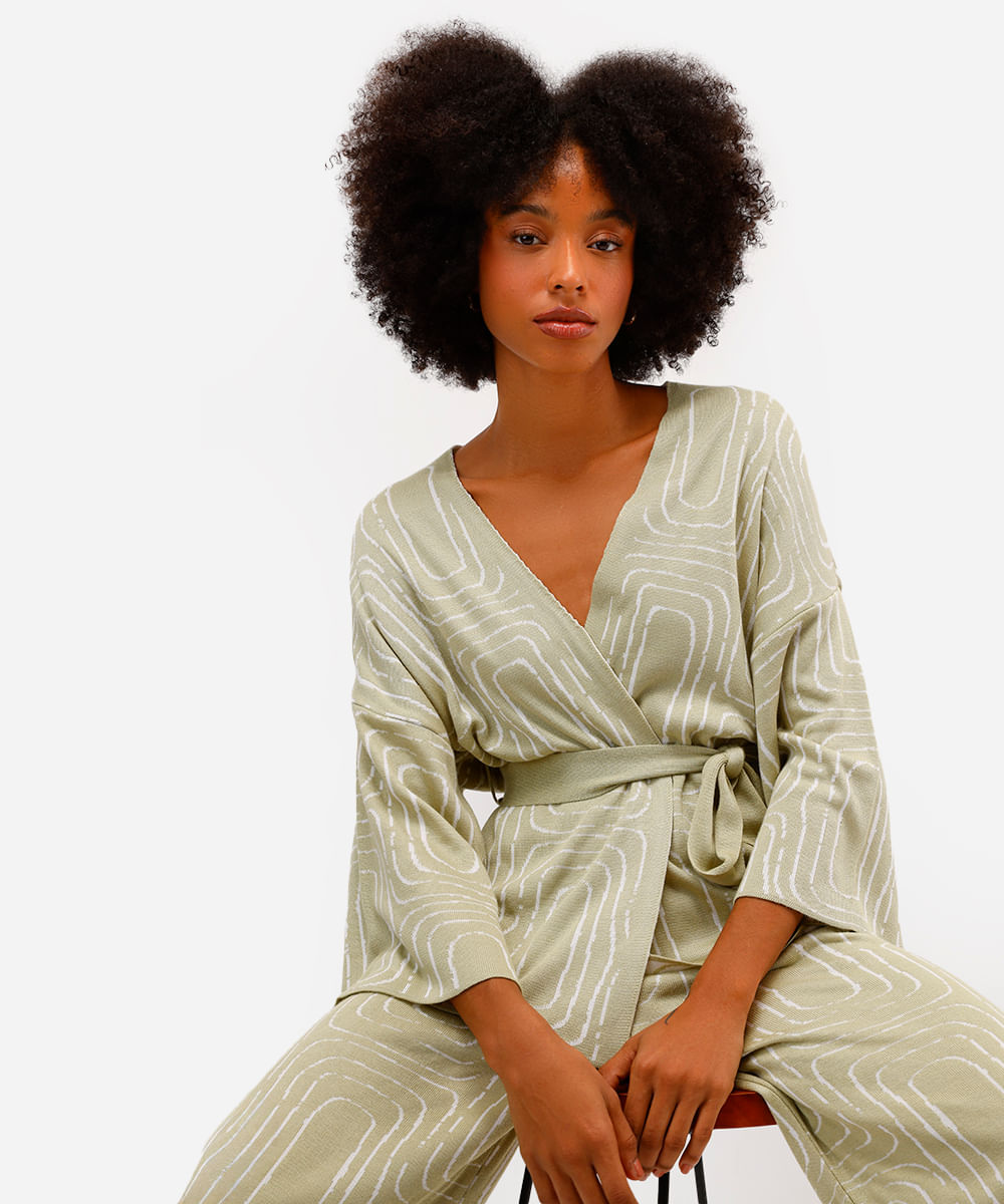 kimono feminino de tricot geométrico vivi olimo verde