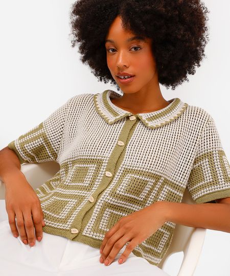 camisa feminina de crochet manga curta bicolor off white PP