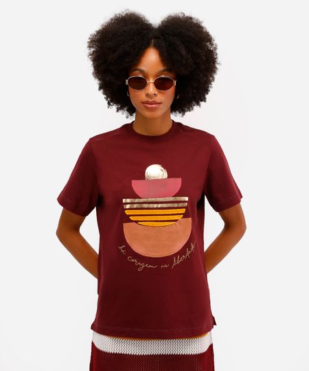 camiseta feminina de algodão estampada com bordado vivi olimo vinho PP camiseta feminina de algodão estampada com bordado vivi olimo vinho PP