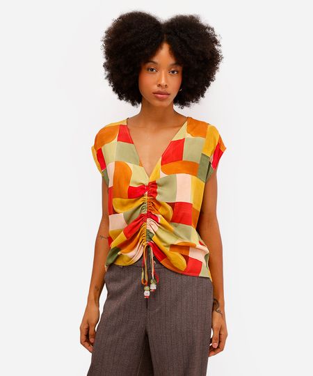 blusa feminina de viscose decote v geométrica vivi olimo amarela M blusa feminina de viscose decote v geométrica vivi olimo amarela M
