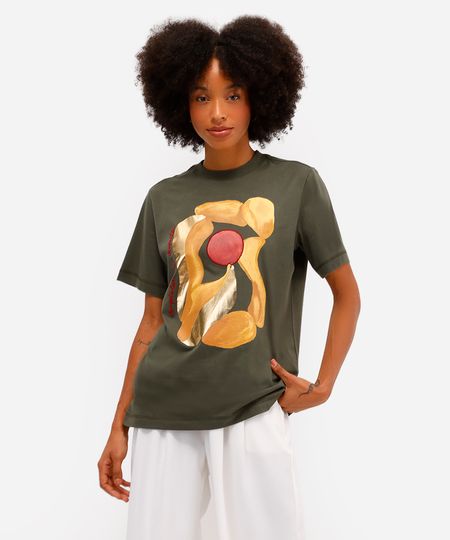 camiseta feminina de algodão estampada metalizada vivi olimo verde PP camiseta feminina de algodão estampada metalizada vivi olimo verde PP