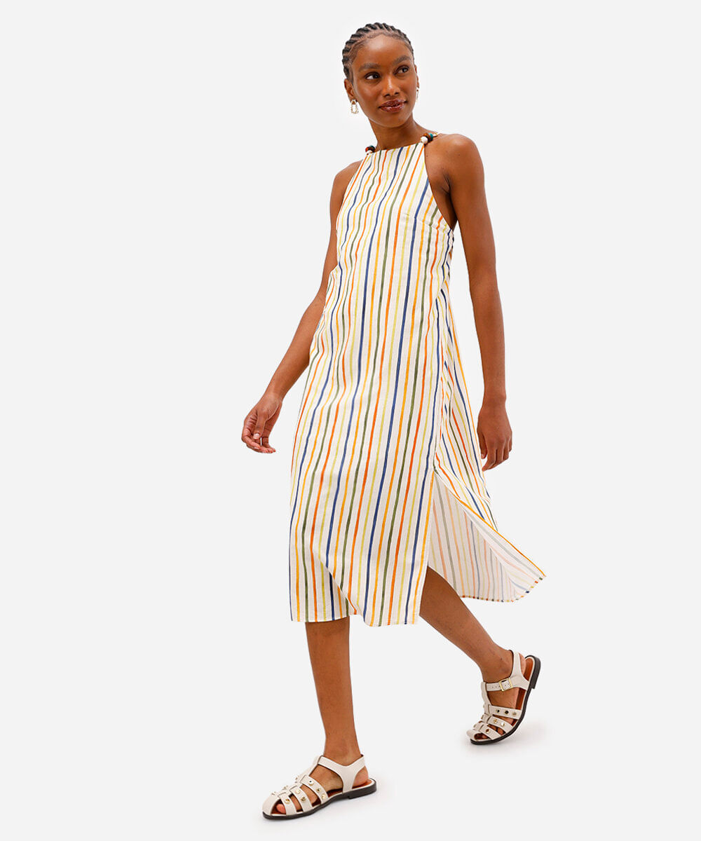 vestido midi feminino de algodão com fendas listrado vivi olimo bege