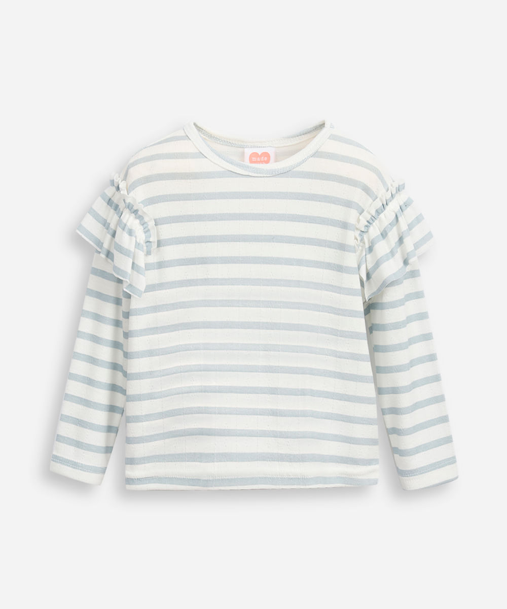 blusa infantil manga longa com babado listrada azul