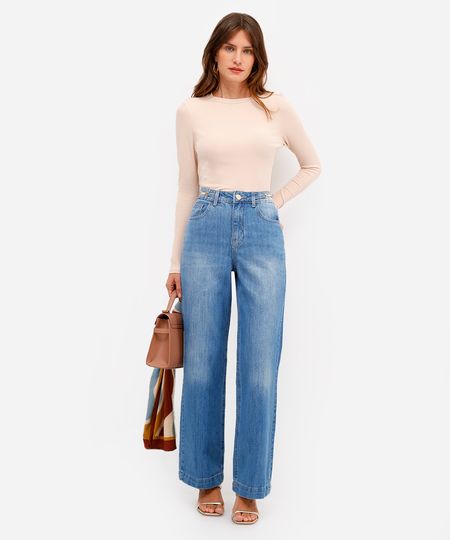 calça wide leg feminina jeans com fivela no cós azul 34