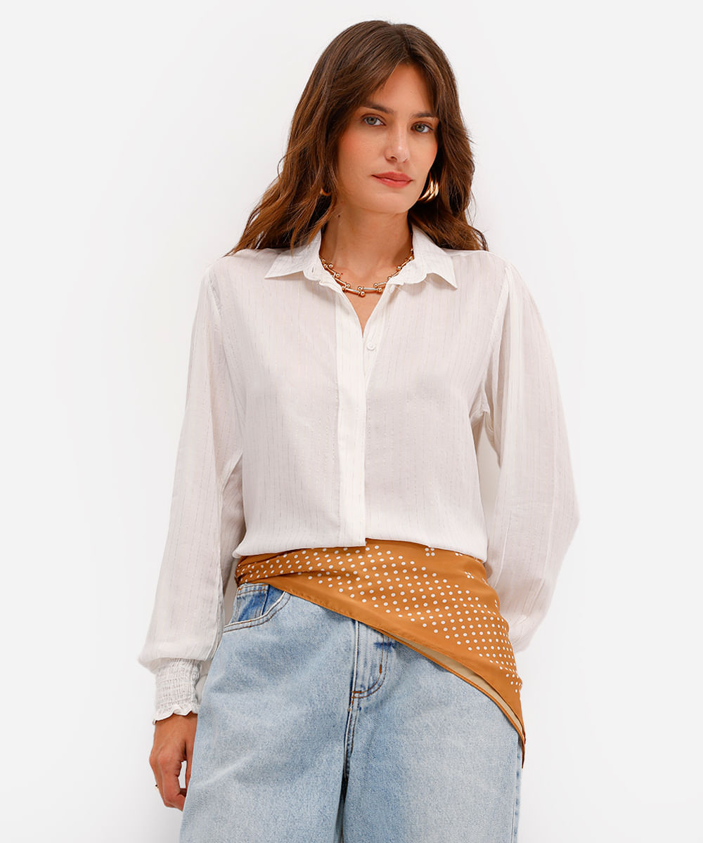 camisa feminina de viscose com lurex manga longa listrada off white