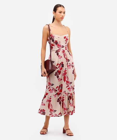 vestido midi feminino de viscose alça fina floral bege PP