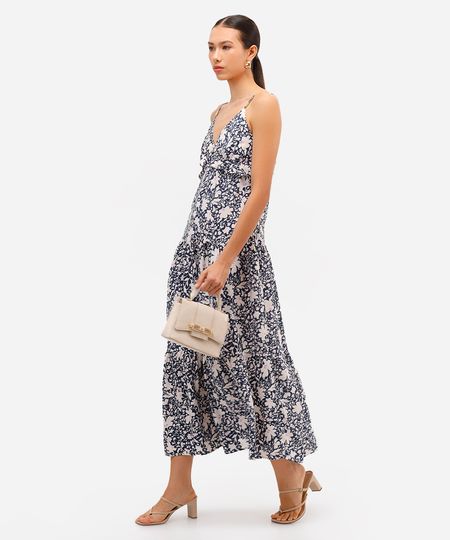 vestido midi feminino de viscose alça fina com babado floral azul PP