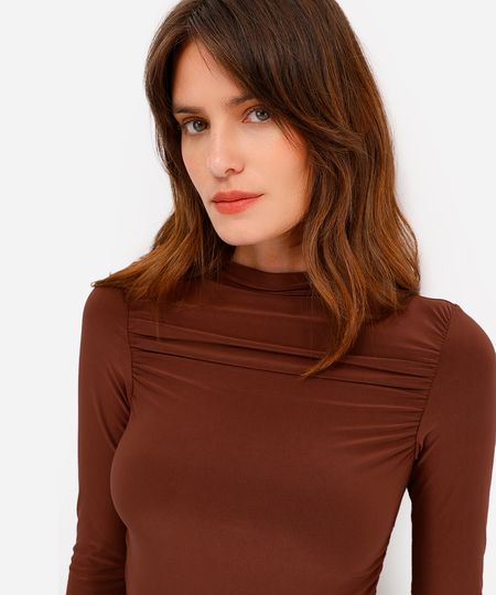 blusa feminina manga longa franzida marrom G