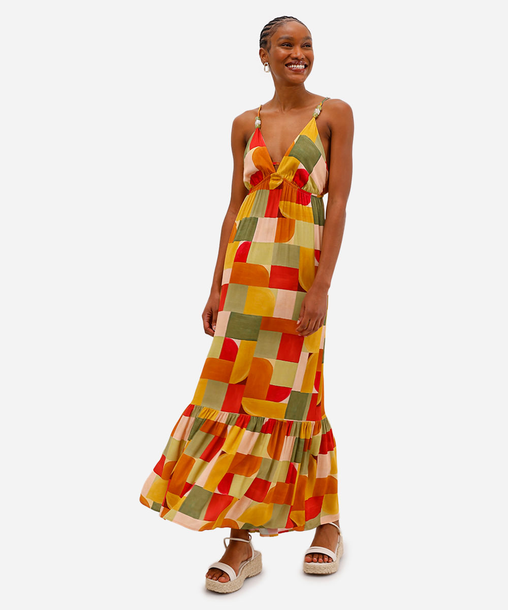 vestido longo feminino de viscose decote v geométrico vivi olimo amarelo