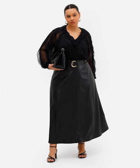 saia midi feminina de poliuretano com cinto plus size preta 50