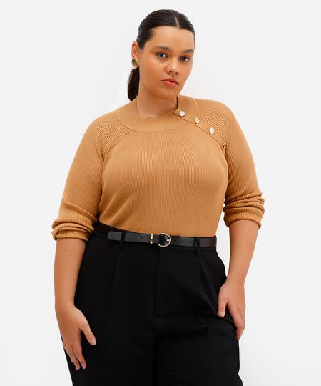 suéter feminino de tricot canelado com botões plus size bege GG1 suéter feminino de tricot canelado com botões plus size bege GG1