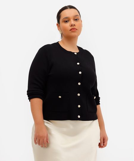 cardigan feminino de tricot com botão texturizado  plus size preto GG1
