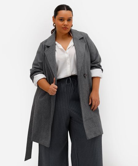 trench coat feminino texturizado plus size cinza GG2