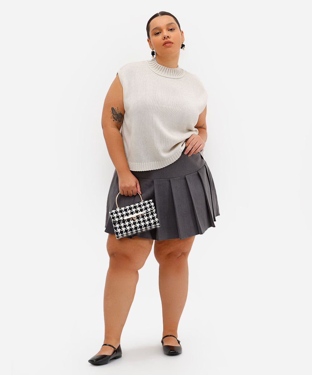 saia curta feminina com pregas plus size cinza saia curta feminina com pregas plus size cinza