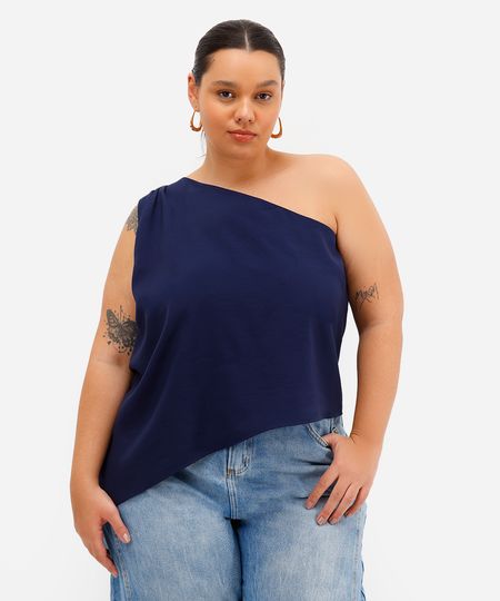 blusa ombro único feminina assimétrica plus size azul GG1