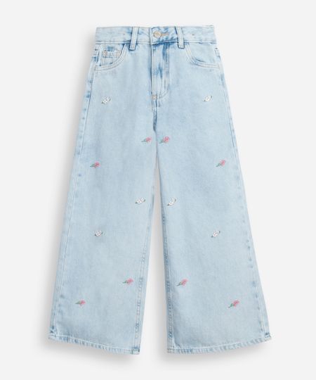 calça wide leg infantil jeans floral - jeans medio 4 calça wide leg infantil jeans floral - jeans medio 4