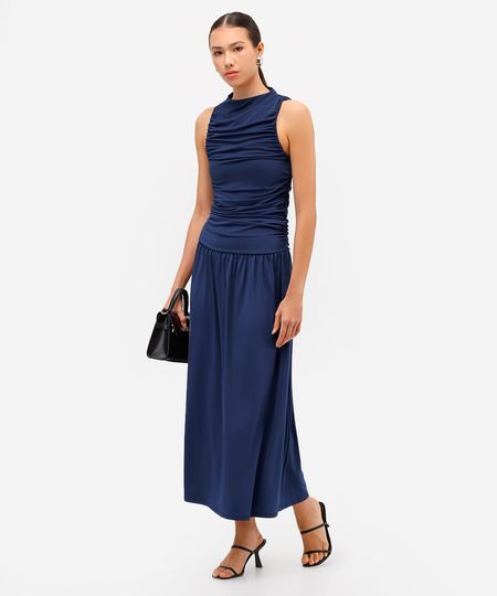 vestido midi feminino franzido azul GG
