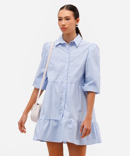 vestido chemise curto de algodão listrado manga bufante azul P