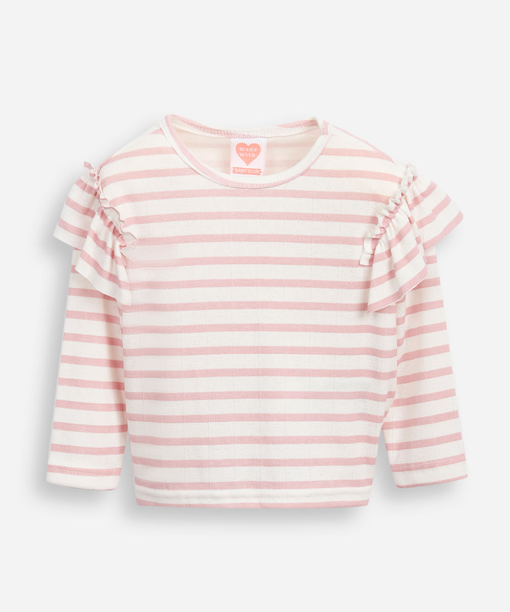 blusa infantil manga longa com babado listrada rosa
