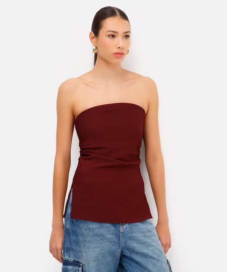 blusa feminina alongada sem alça com franzido vinho PP