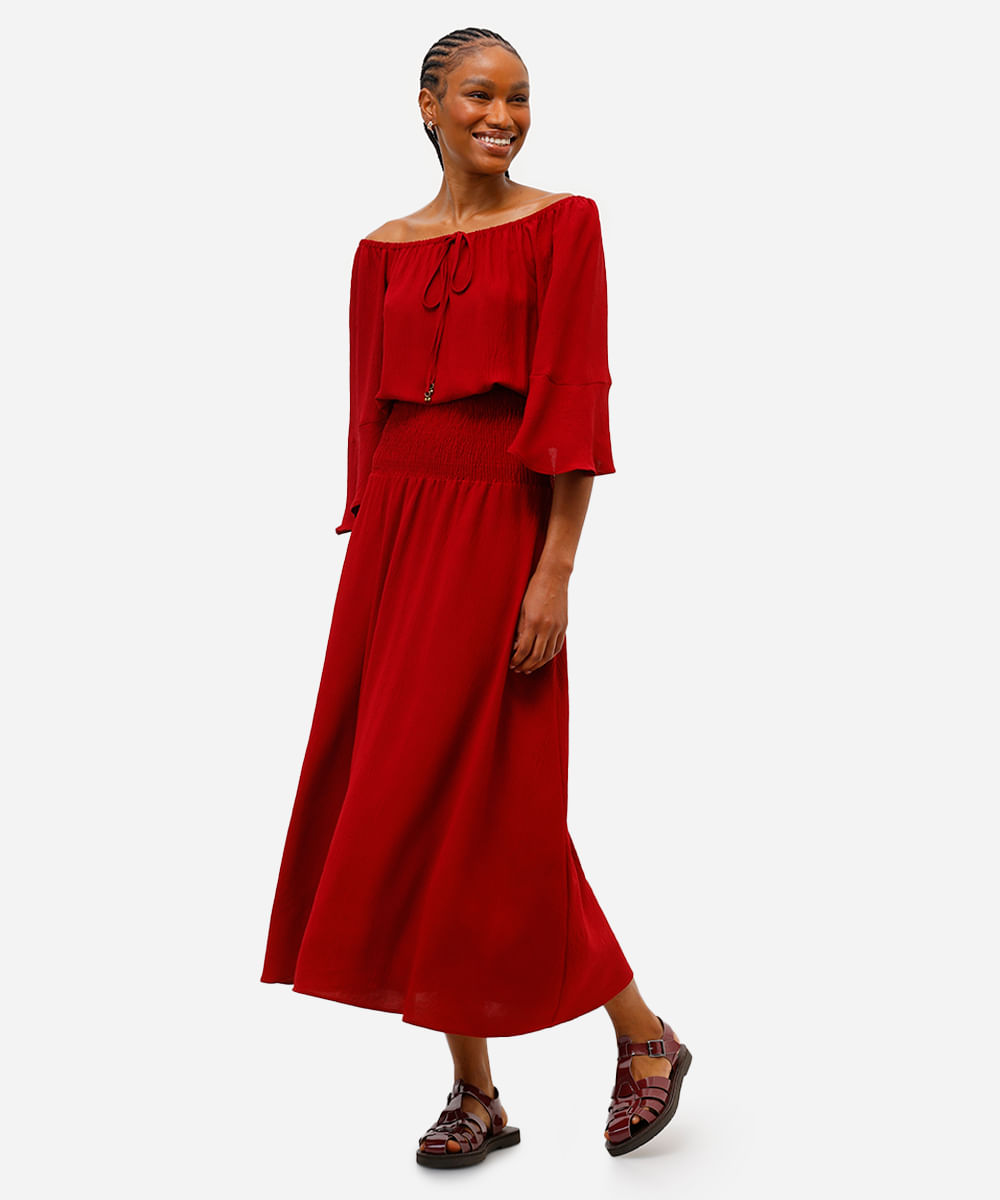 vestido midi ombro a ombro feminino texturizado vinho