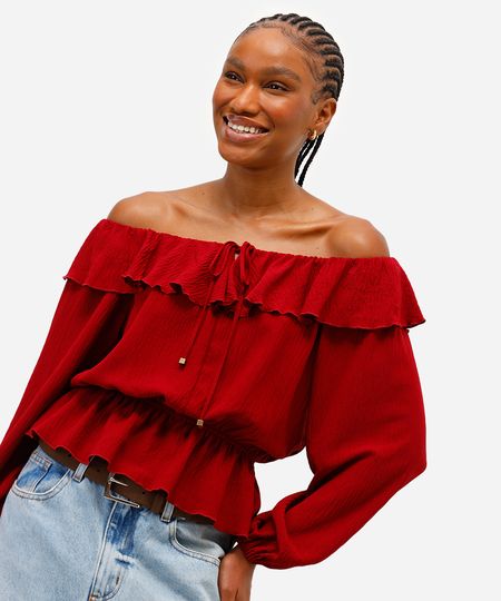 blusa ombro a ombro feminina com babados texturizada vinho P