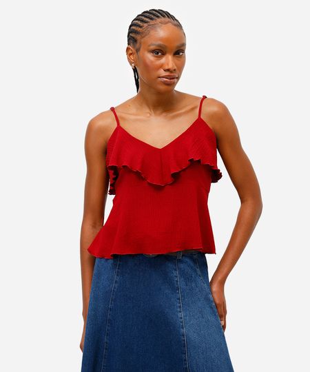 regata feminina alça fina com babado texturizada vinho P regata feminina alça fina com babado texturizada vinho P