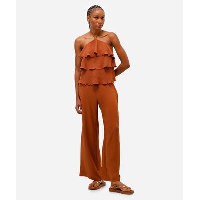calça reta feminina texturizada marrom