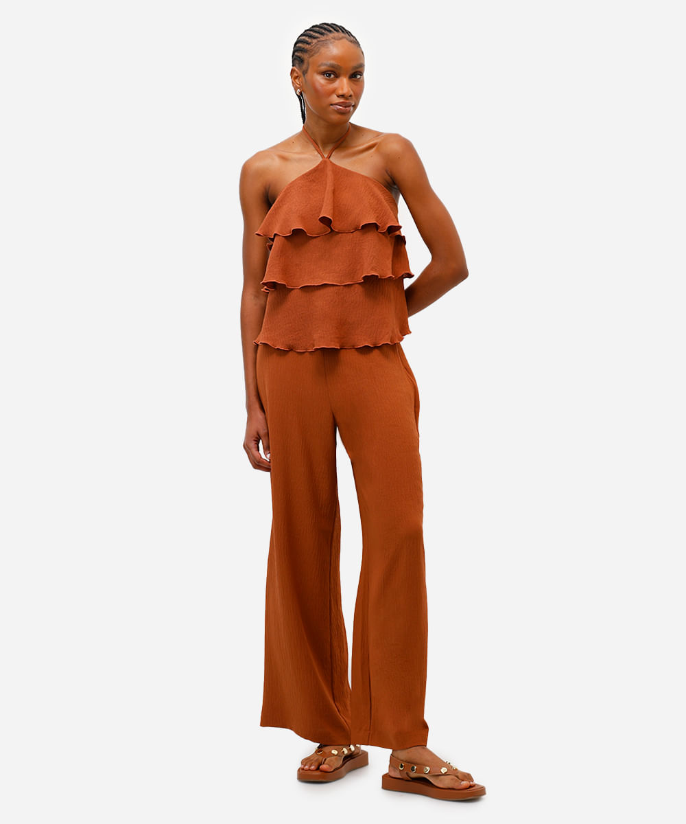 calça reta feminina texturizada marrom