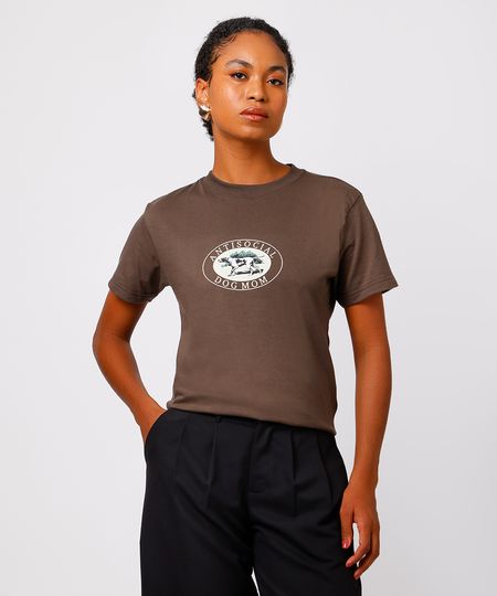 camiseta feminina de algodão antisocial dog mom mindset marrom PP