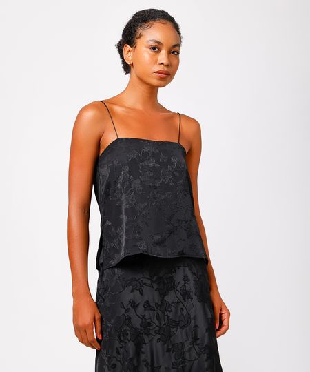 blusa alça fina feminina de jacquard com fendas floral mindset preta P