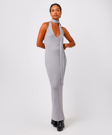 vestido longo feminino de tricot com echarpe cinza M vestido longo feminino de tricot com echarpe cinza M
