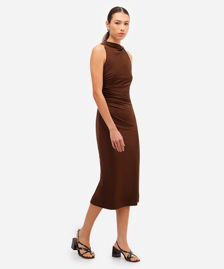 vestido midi feminino franzido com fenda marrom PP