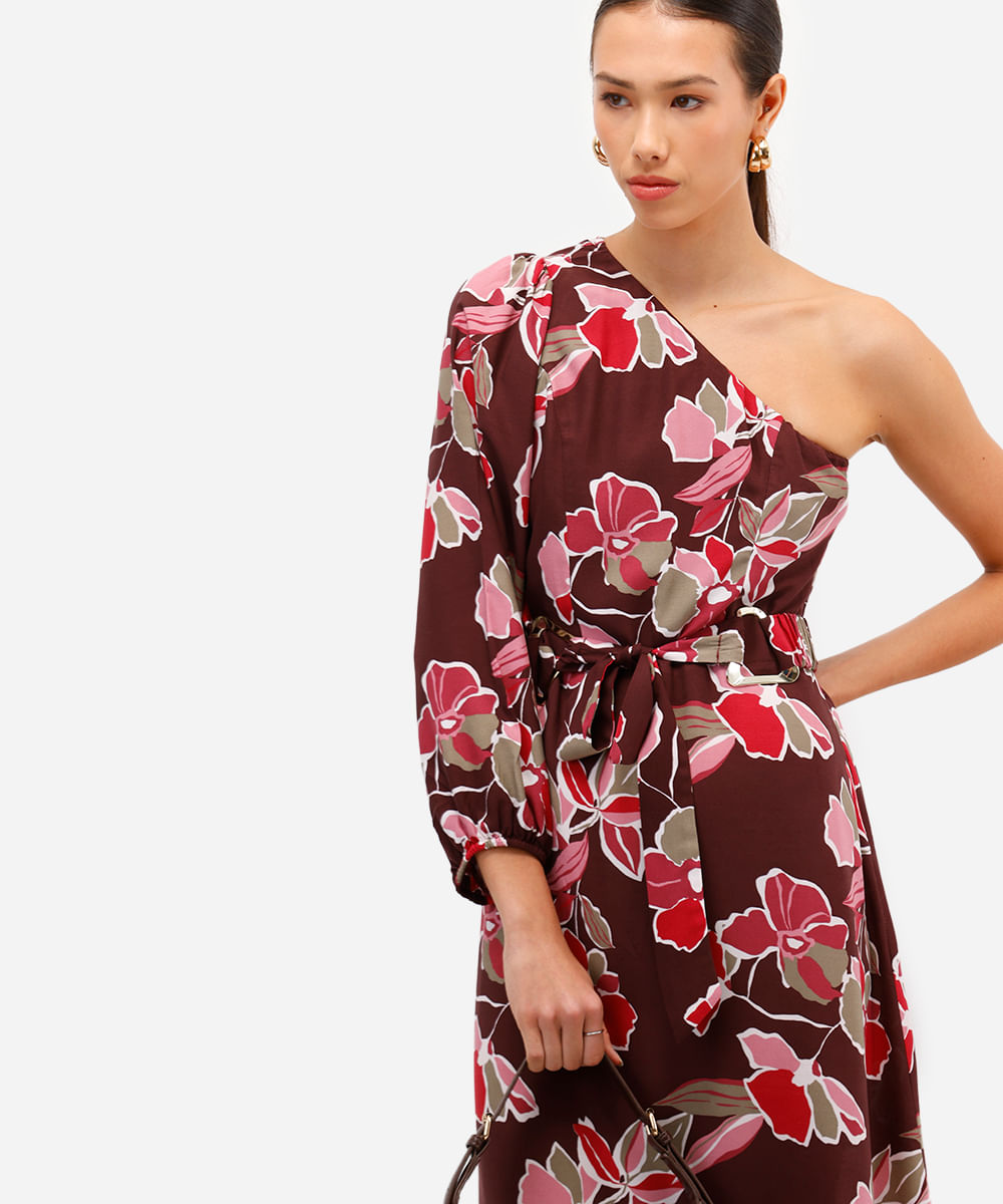 vestido ombro único feminino de viscose com recorte floral marrom