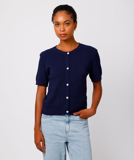 cardigan feminino de tricot manga curta mindset azul PP cardigan feminino de tricot manga curta mindset azul PP