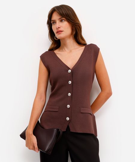 colete feminino alongado de tricot marrom PP