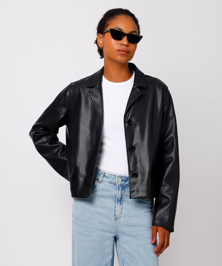 jaqueta cropped feminina de poliuretano mindset preta PP jaqueta cropped feminina de poliuretano mindset preta PP