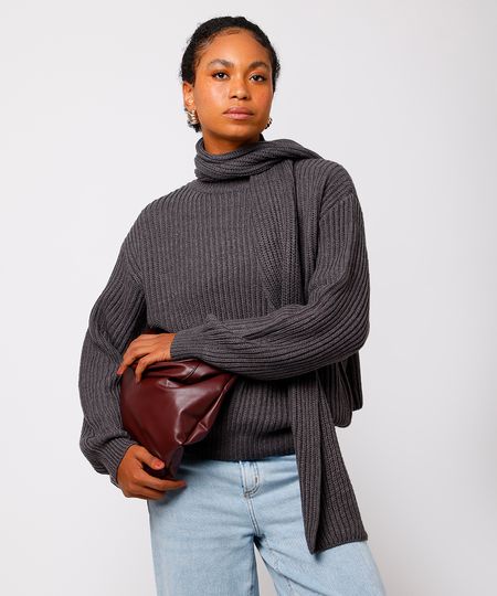 suéter feminino de tricot com cachecol cinza M