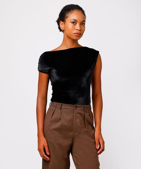 blusa feminina de veludo decote assimétrico mindset preta PP blusa feminina de veludo decote assimétrico mindset preta PP
