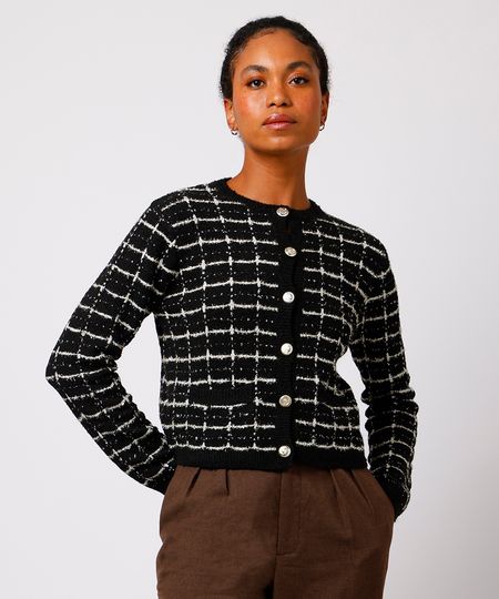 casaqueto feminino de tricot tweed quadriculado mindset preto GG