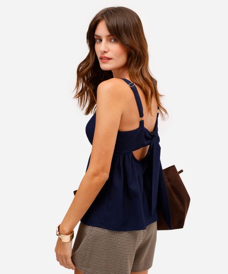 bata feminina com linho decote quadrado azul P